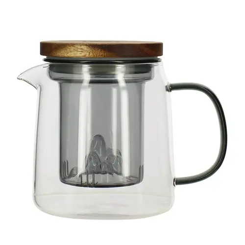 Conçu pour le jardin：Théière en verre borosilicate transparent avec infuseur et couvercle en acacia Laska - 450 ml
