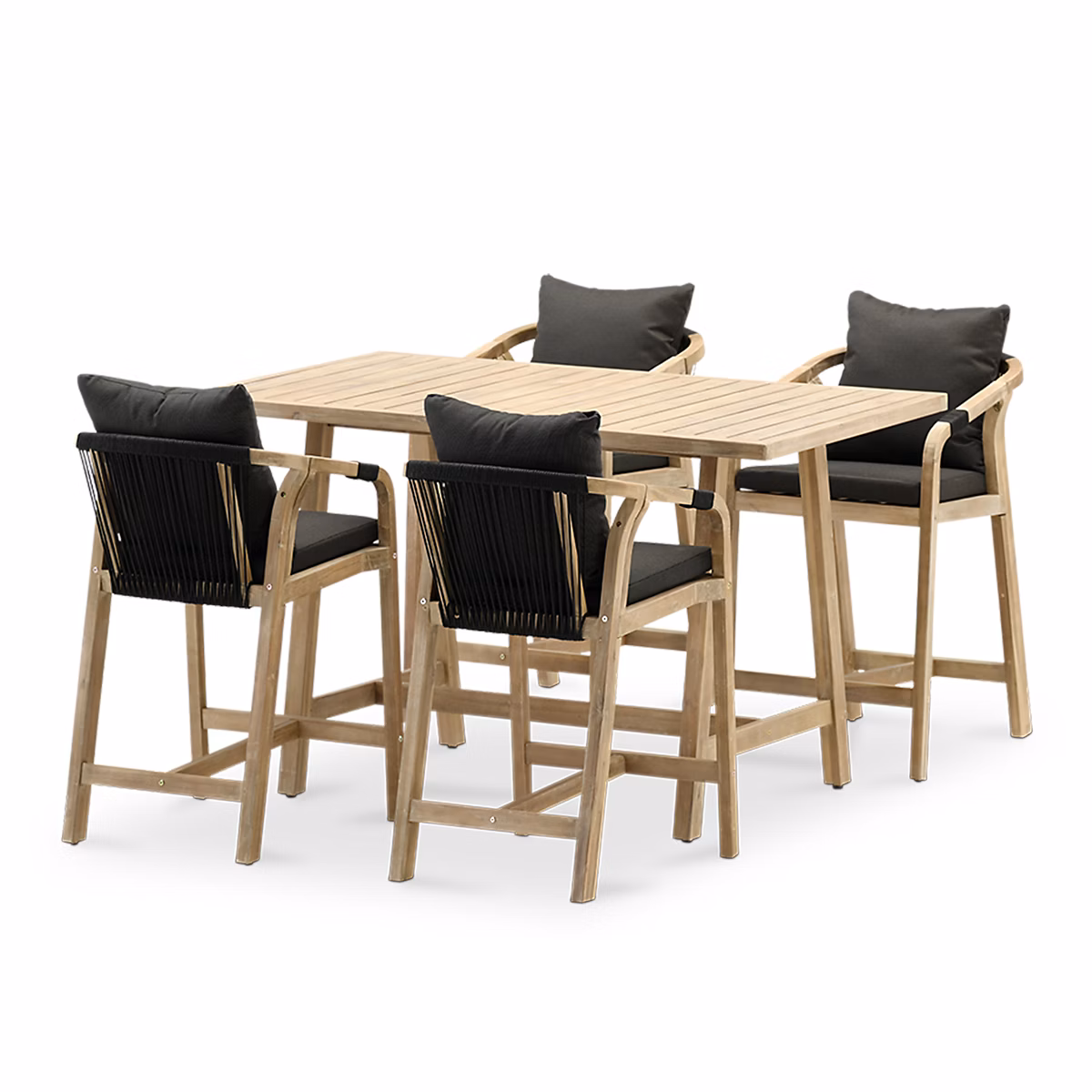 Ensemble de table bar et 4 tabourets en acacia avec corde tressée – Zanzibar