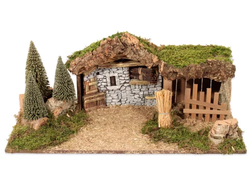 Pour vos espaces:Crèche vide avec mur et grange coloris beige en bois - 16 x 12 x 7 cm