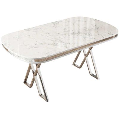 Table de repas ovale pieds en croix Zae (Blanc marbré et Chrome)
