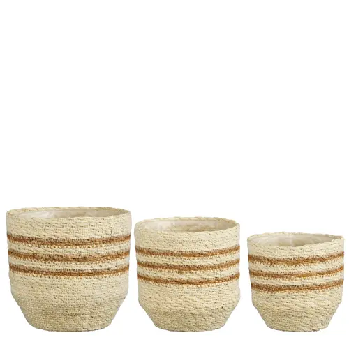 Équipement jardin：Panier rond en zostère coloris blanc rayé marron Lena - Ø 16 x H 16 cm