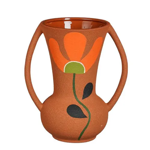 Sélection extérieur：Vase terracotta à motif fleur orange Wally - 17,5 x 12 x 20 cm
