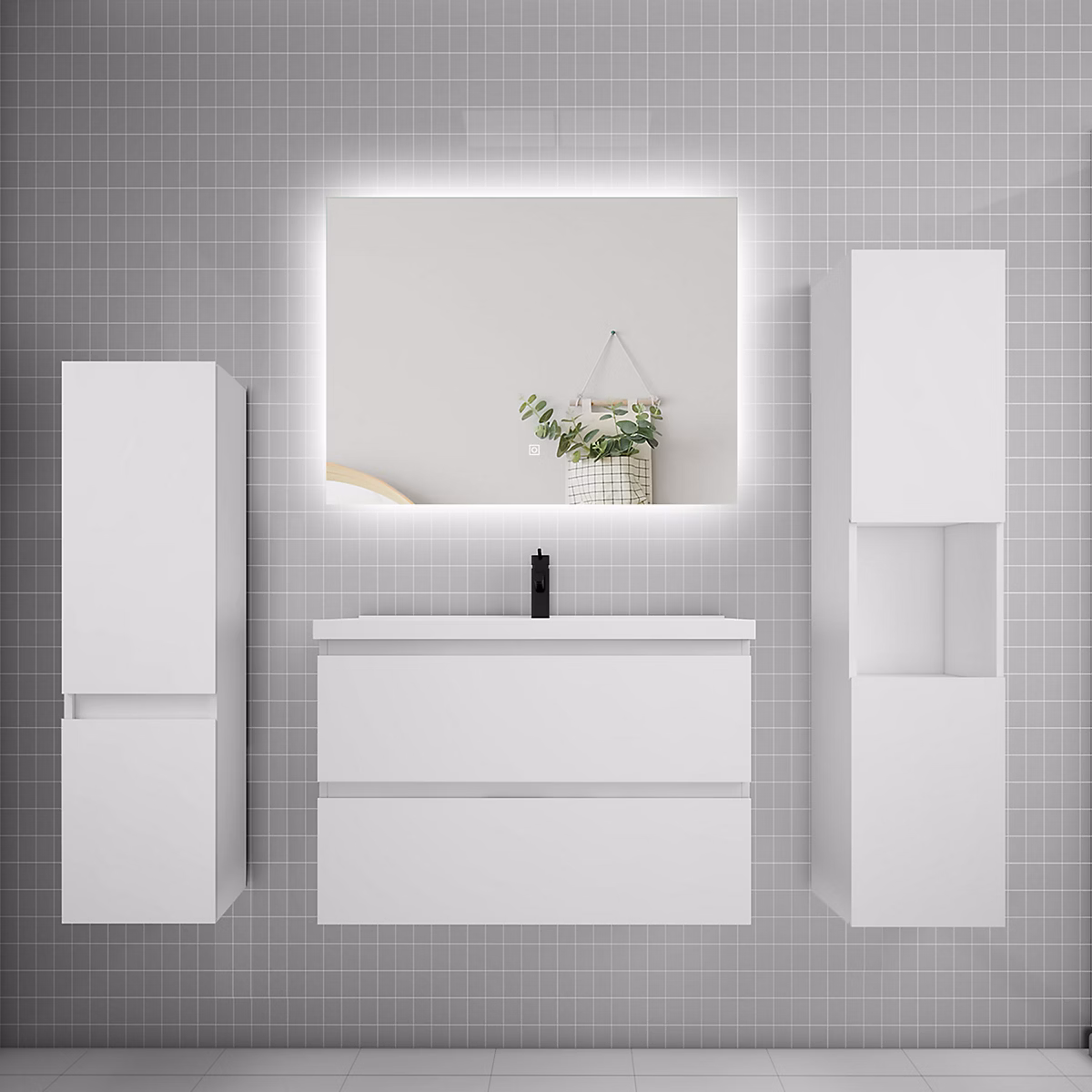Ensemble meuble blanc et lavabo L.80cm 2 tiroirs + colonne x2 haut + lavabo + miroir 80 × 60cm – suspendu