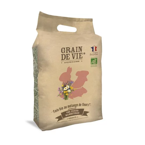 Jardin en extérieur：Foin bio au mélange de fleurs pour petits mammifères Grain de vie - 25 L