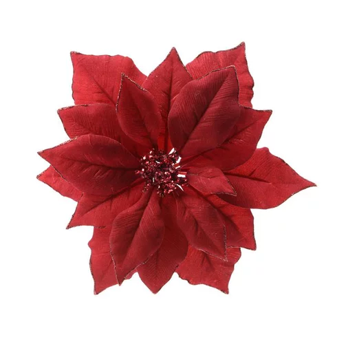 Déco au jardin:Poinsettia en tissu rouge sur clip D 24cm