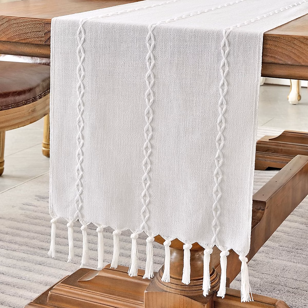 Chemin de Table Bohème Blanc 33 × 275 cm Coton et Lin