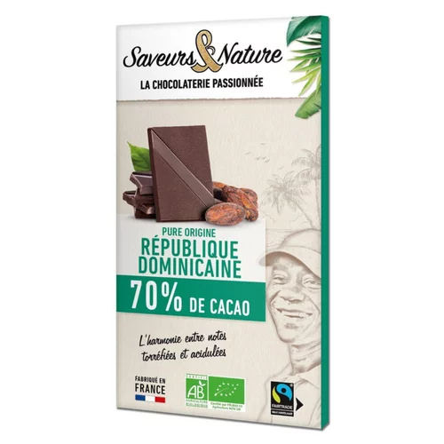Essentiel pour le jardin：Chocolat noir 70% origine République Dominicaine bio Saveurs et Nature - 80 g