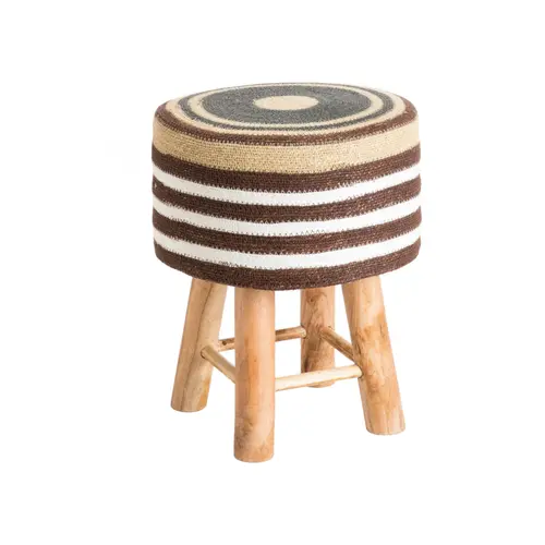 Le pratique au jardin：Tabouret rond rayé blanc/marron/jaune en osier tressé et bois - 33 x 33 x 42 cm