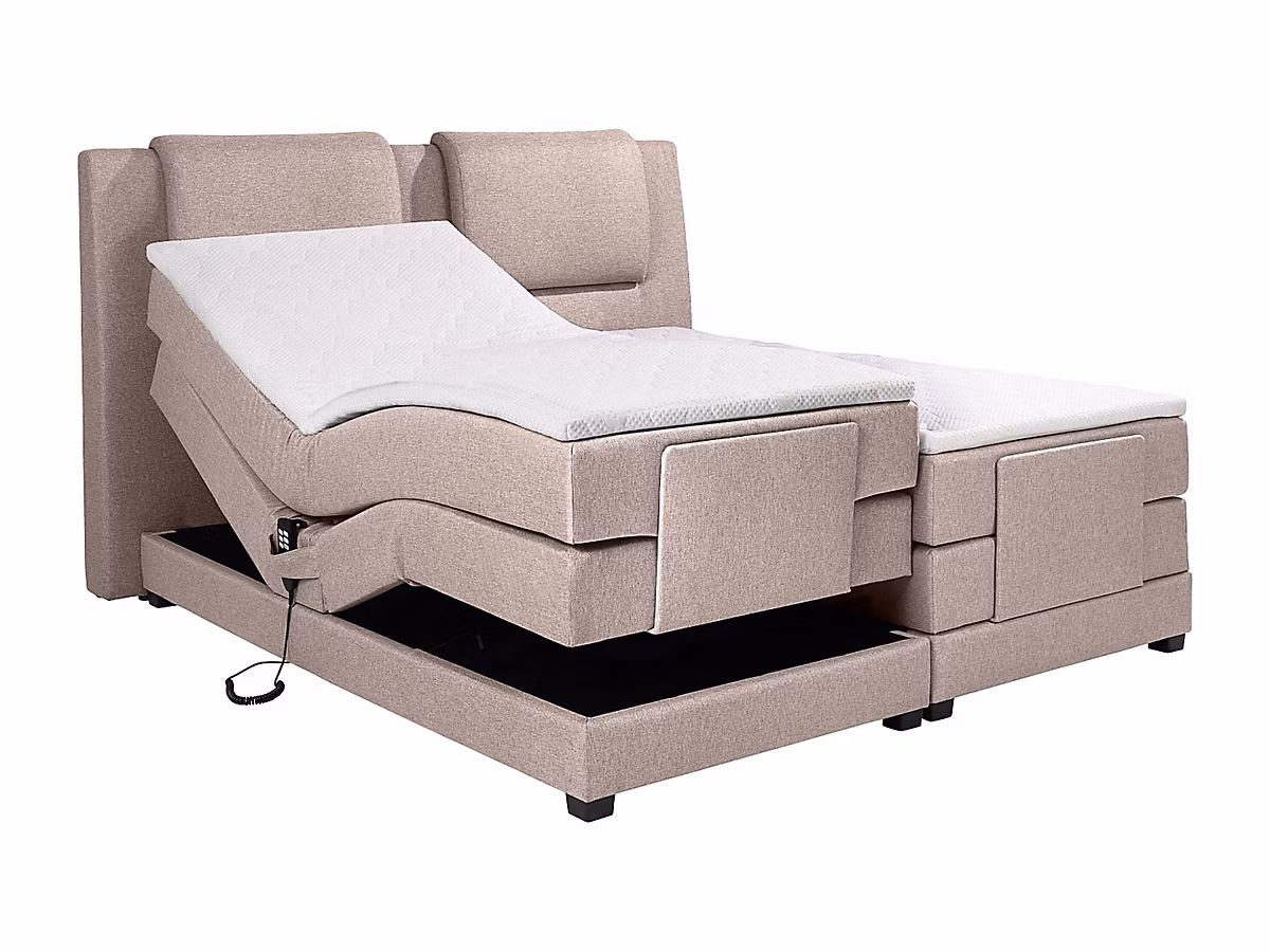 Ensemble complet boxspring tête de lit + sommiers relaxation électrique + matelas + surmatelas – 2 × 80 × 200 cm, Tissu, Beige