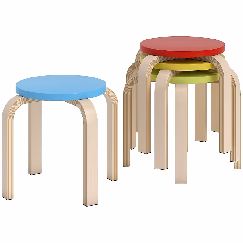 4 Tabourets Empilables Colorés – Contreplaqué Bouleau, Pads Feltre, Rangement Facile