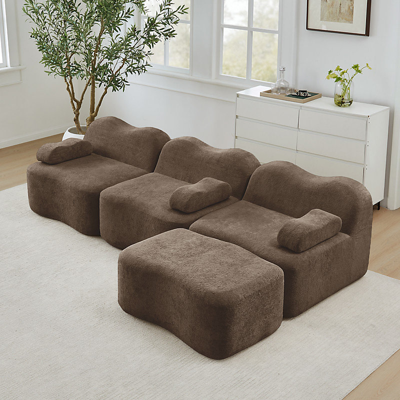 Canapé d'angle modulable 3 places sans structure – 1 pouf, mousse haute densité 32D, coussins d'accoudoirs amovibles, brun