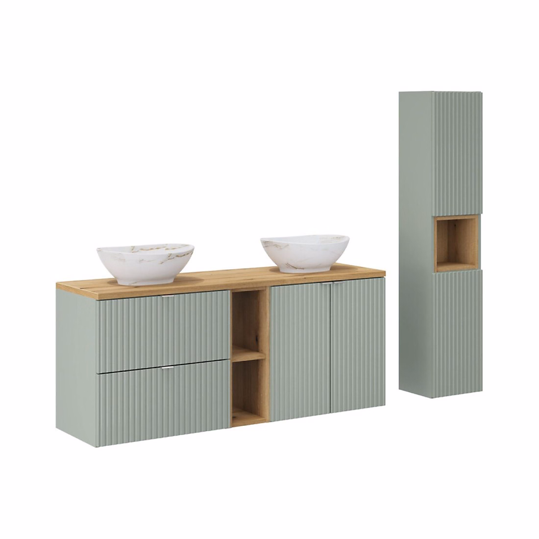 Ensemble meuble de salle de bains – Ensemble ELVINA 170cm : meubles sous vasque avec niches visibles à tiroirs et placards et deux vasque à poser marbrée et colonne