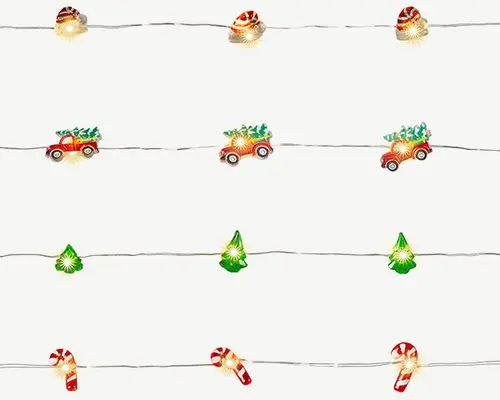 Jardin et confort:Guirlande lumineuse avec motif coloré de Noël à 20 micro-LED blanc chaud et câble argent sur piles - 1,90 m