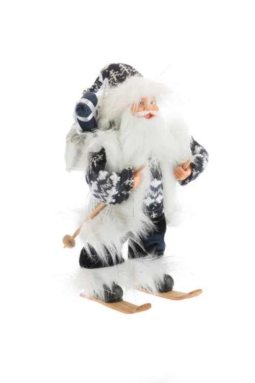 Essentiel au jardin：Père Noël skieur en tissu bleu à motifs blancs - 30 cm