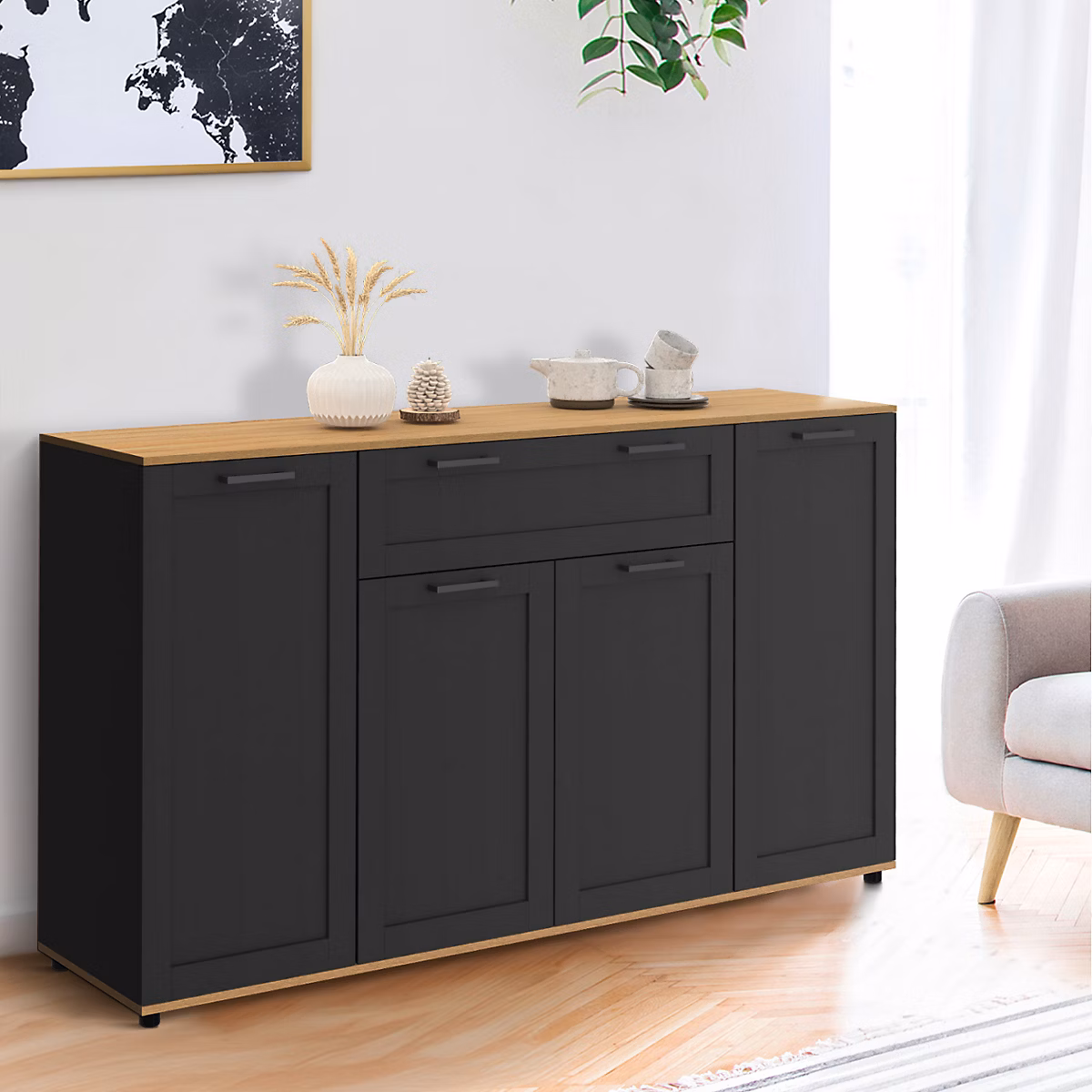 Buffet 140 cm VITO 4 portes et 1 tiroir noir et bois – Réf. FQRBWRECQ6968904758