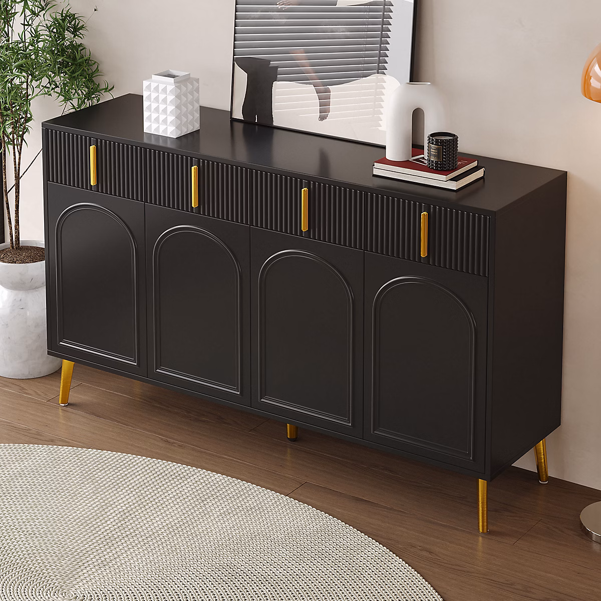 Buffet avec poignées et pieds dorés – 4 portes et 4 tiroirs, étagères amovibles, idéal pour salon et salle à manger