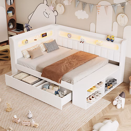 Canapé-lit capitonné 90 × 200 cm – LED et port USB, 2 tiroirs et étagère à chaussures, MDF+Lin, Blanc (sans matelas)
