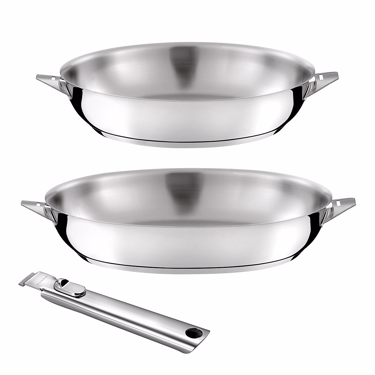 Eclipse – poêles 24, 28 cm inox finition miroir avec poignée amovible, lot de 2