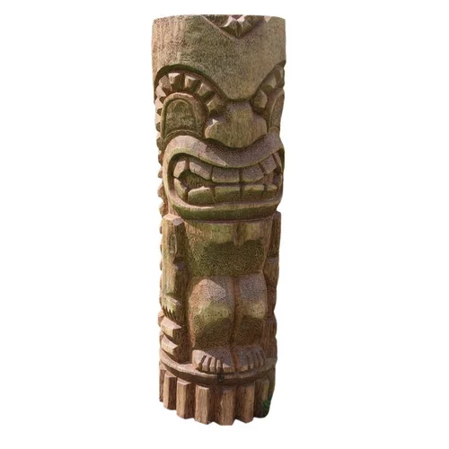 Conçu pour le jardin：Totem polynésien Tiki Aro coloris bois en bois de coco - 100 cm