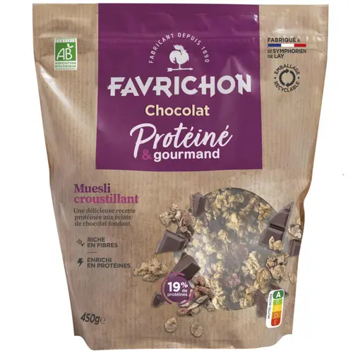 Pour votre espace extérieur:Muesli croustillant protéiné chocolat bio Favrichon - 450 g