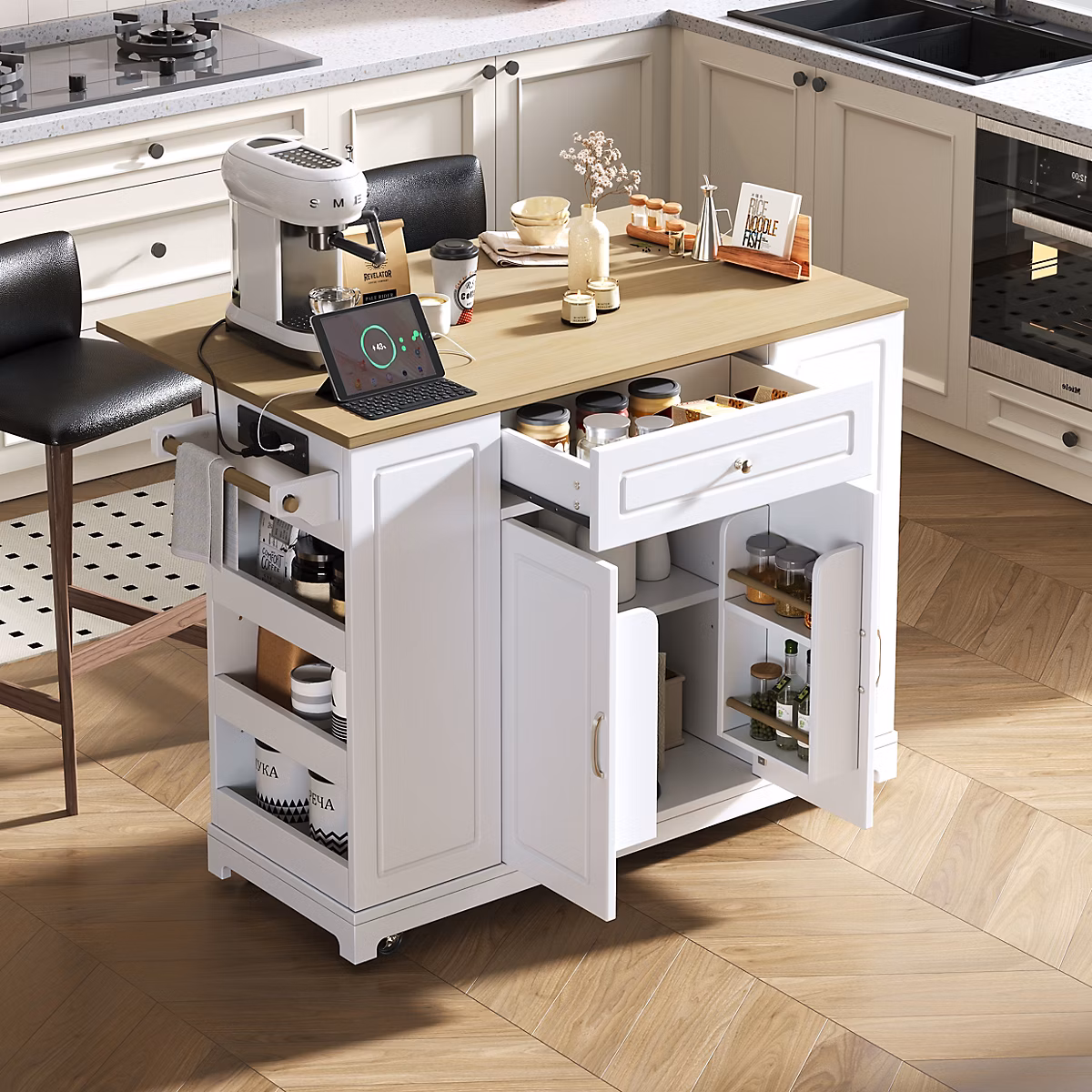 Îlot de cuisine avec Tiroirs et Compartiment Poubelle – Plateau Rabattable Extensible | MDF | Blanc+Nature 131 | 8x40 | 70x93 | 3 cm