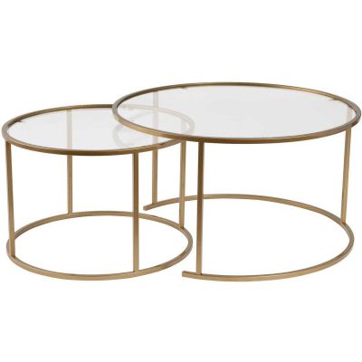 Ensemble de 2 tables gigognes rondes en métal et verre Auruma (Doré verre transparent)