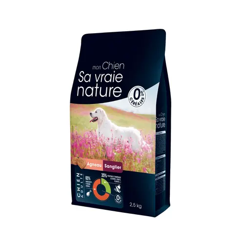 Confort jardin：Croquettes sans céréales pour chien adulte à l'agneau, au sanglier et au cerf Sa Vraie Nature - 2,5 kg