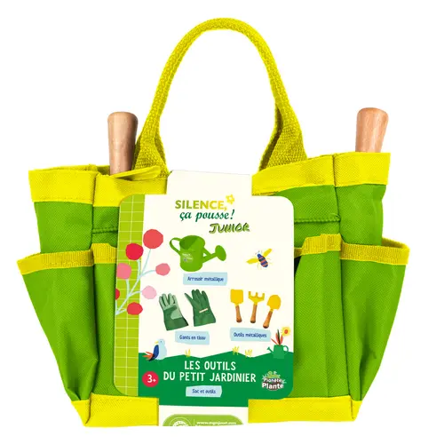 La solution pour vos extérieurs:Sac en tissu vert avec ensemble de jardinage pour enfant - les 6 pièces