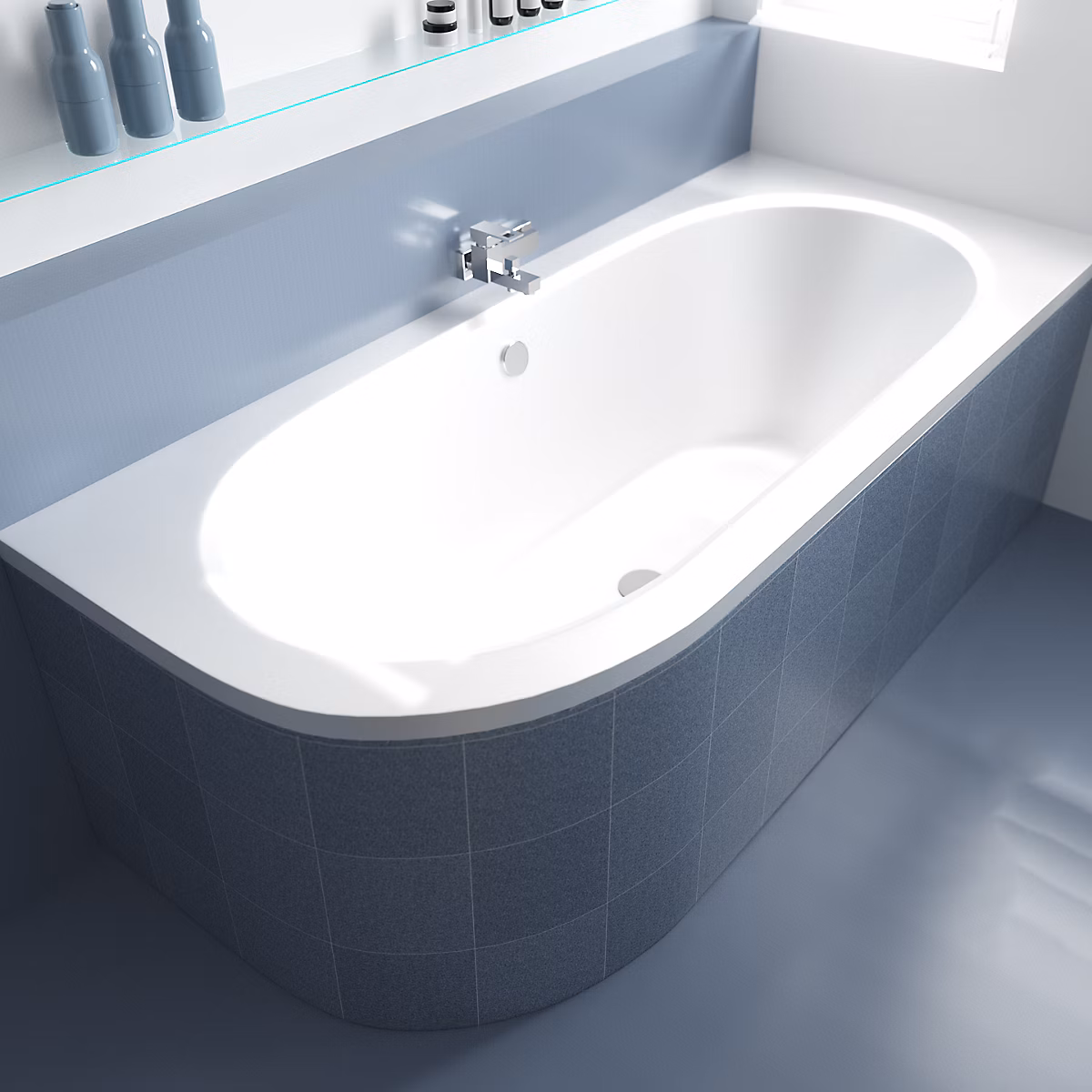 Baignoire asymétrique 150 × 75 Droite AVITA acrylique blanc + Habillage en polystyrène + Pieds + Vidage à chromé