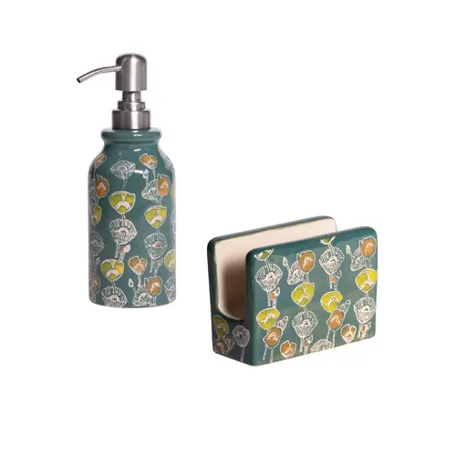Pour tous vos projets extérieurs:Coffret distributeur de savon et porte-éponge en grès vert à motifs Oliva - les 2 pièces