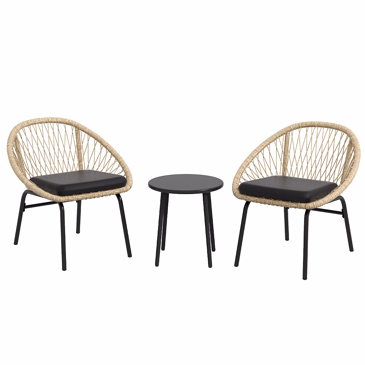 Ensemble balcon en rotin 3 pièces – 2 chaises + table basse, coussins inclus, tissu polyester, résistant aux intempéries, jaune