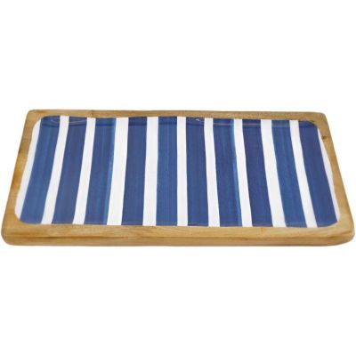 Plateau en manguier et émail Rayures bleues (40 x 19 x 2.5 cm)