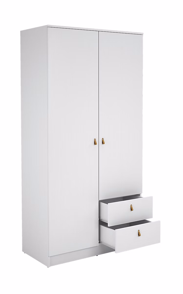 Armoire – meuble de rangement avec 2 portes et 2 tiroirs coloris blanc, Hauteur 200 x Longueur 100 x profondeur 51 cm
