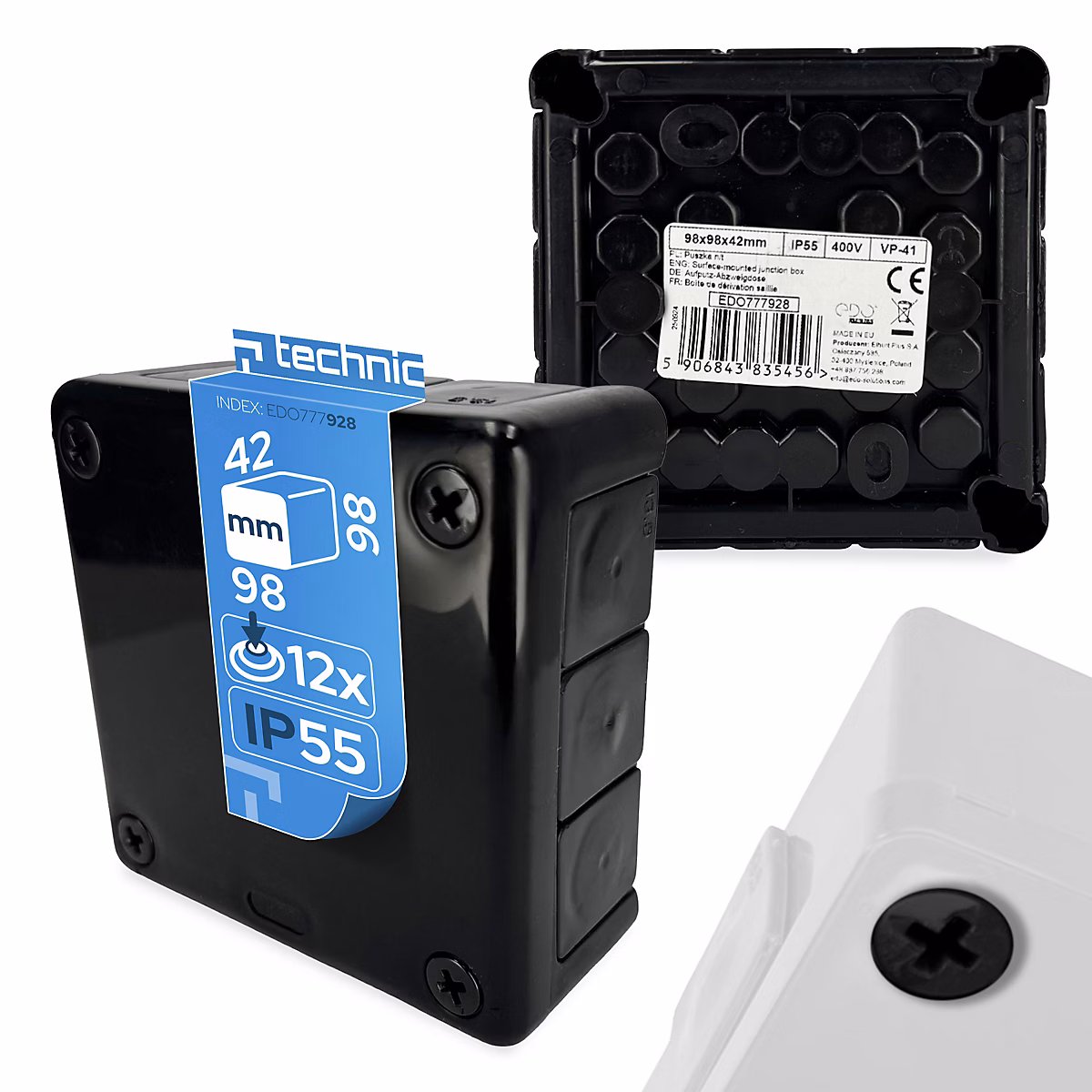 Boîte dérivation étanche en saillie IP55 98 × 98 × 42mm 12 entrées vis noir EDO
