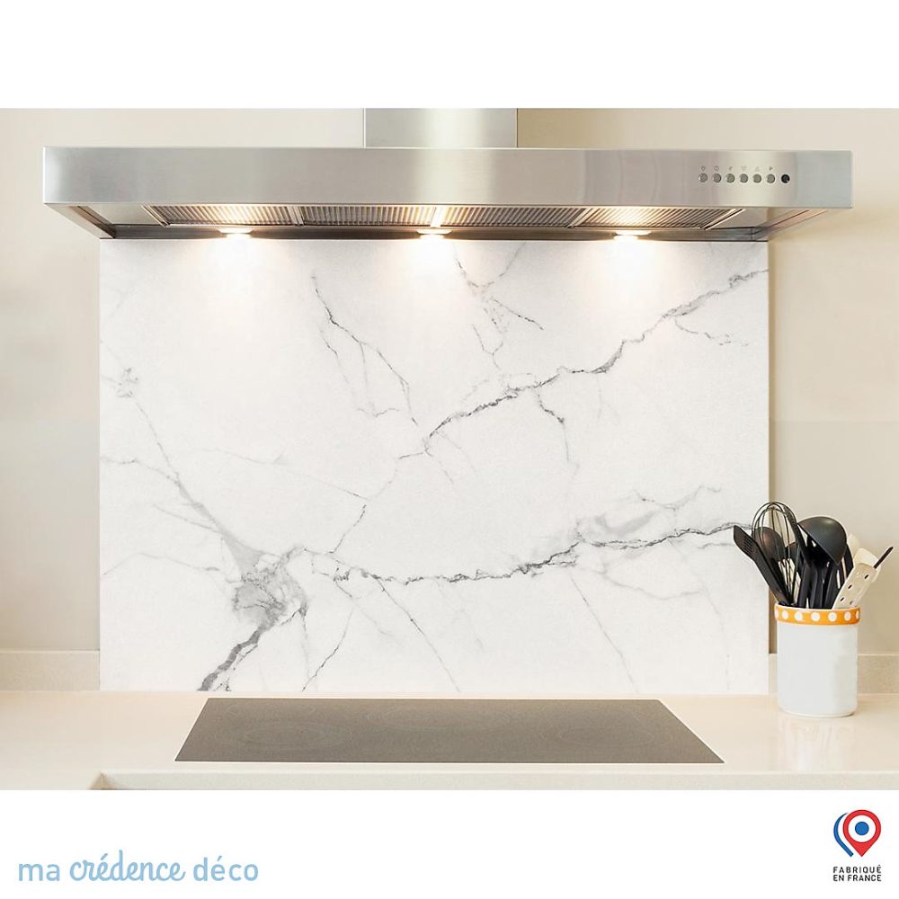 Crédence cuisine fond de hotte Marbre blanc 1 | Verre trempé – L 90 cm x H 70 cm – MaCrédenceDéco