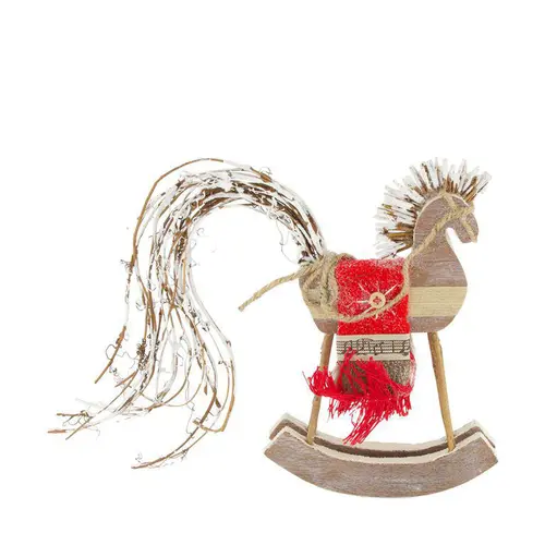 Solution extérieure：Figurine cheval à bascule en bois gris avec tapis rouge - 40 x 7 x 27 cm