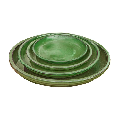 Idée jardin:Soucoupe en terre cuite émaillée verte Poterie du Bousquet Costa - Ø 32 x H 3,5 cm