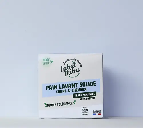 Pour plus de praticité à l’extérieur:Pain lavant solide sans parfum Label Tribu Corps et cheveux - 110 g