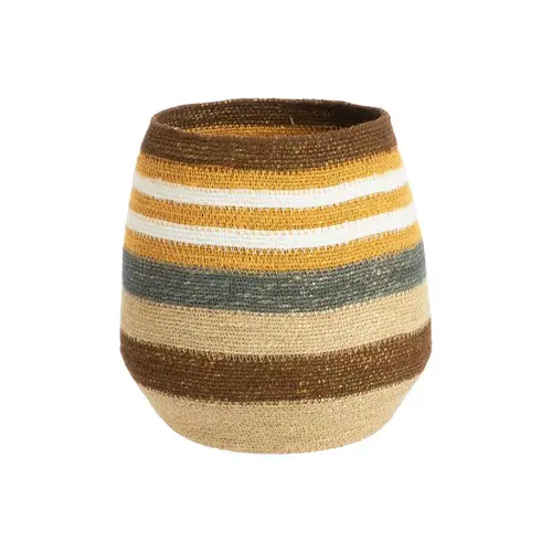 Simple pour le jardin:Panière ovale rayée en osier marron, bleu, jaune et blanc - 26 x 26 x 27 cm