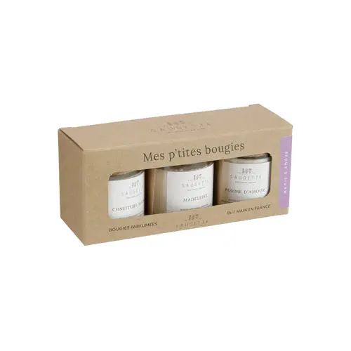 Une idée pour vos extérieurs：Coffret de 3 bougies Saugettes Mes P’tites bougies parfumées Mamie d’Amour - 3 x 50 g