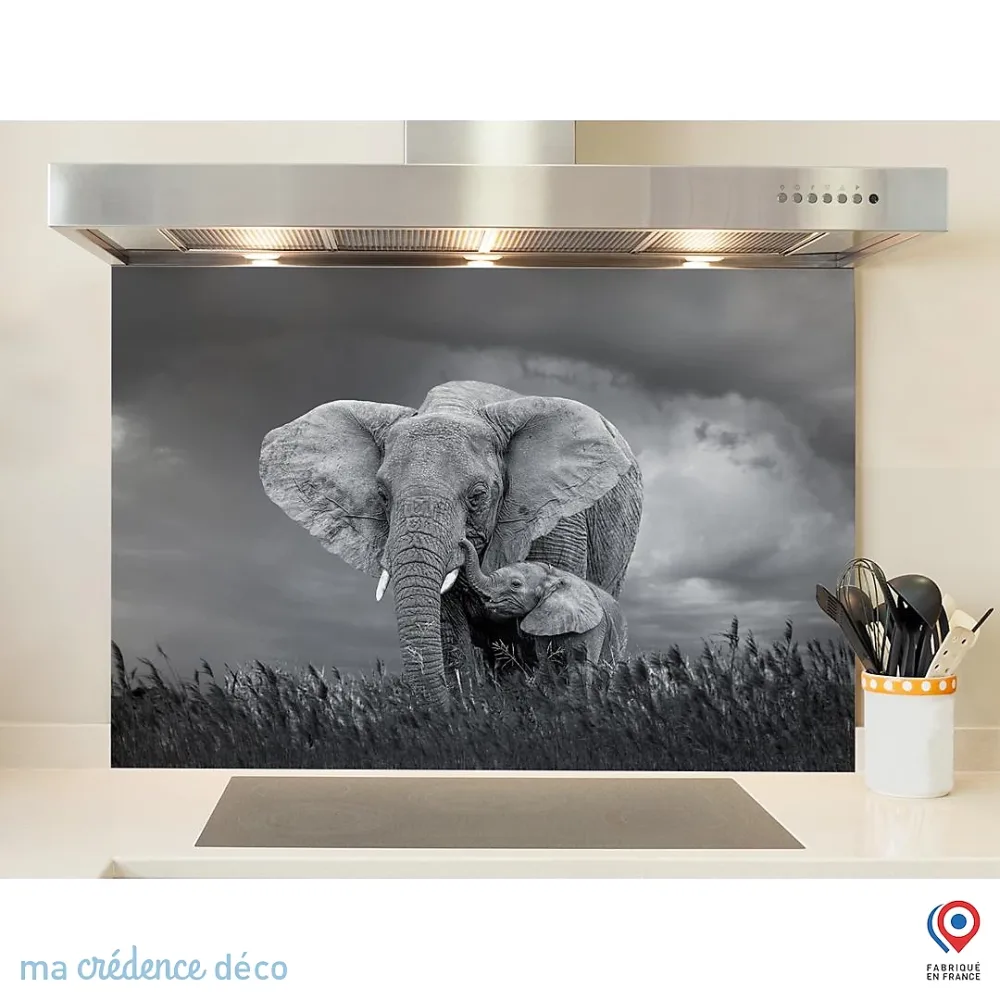 Crédence cuisine fond de hotte Eléphanteau avec sa maman – Verre trempé, L 90 cm x H 70 cm, MaCrédenceDéco