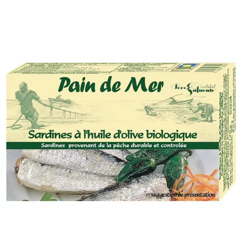 Solution extérieure：Sardines à l’huile d’olive biologique Pain de mer - 120 g