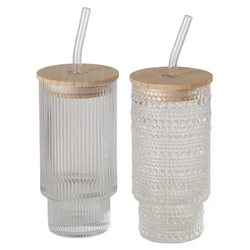 Nature pratique：Gobelet nomade en verre transparent avec couvercle et paille Balona - Ø 7,4 x H 18,8 cm
