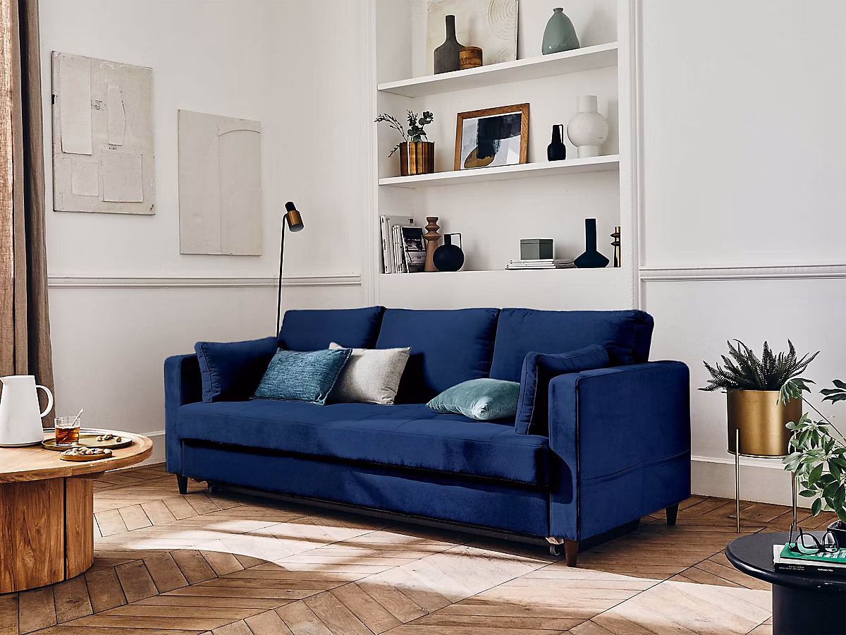 Anna | canapé droit 3 places convertible avec poche en velours – Lisa Design