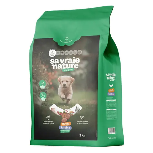 Confort au jardin：Croquettes chiot mini-medium dinde & sardine réduites en céréales Sa Vraie Nature - 3 kg