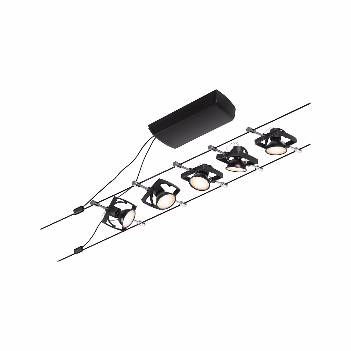 Kit de spots sur câble 5 lumières orientables carrées GU5.3 noir mat et chrome Paulmann Corduo | Spot
