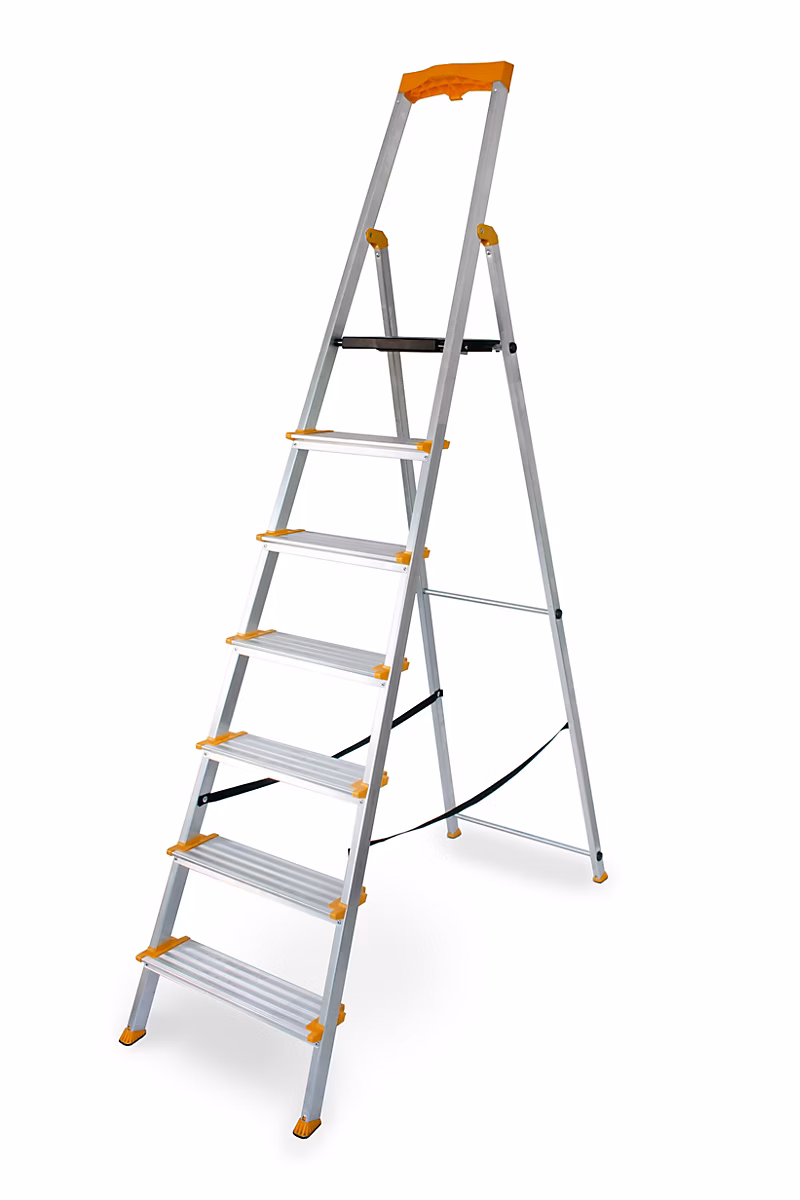 Échelle en aluminium à marches larges DRABEST MAX 7 marches avec étagère – capacité de charge 150 kg, 1 pièce.