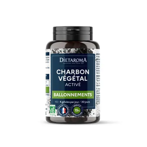 Essentiel pratique：Complément alimentaire contre les ballonnements Charbon actif végétal bio Dietorama – 120 gélules