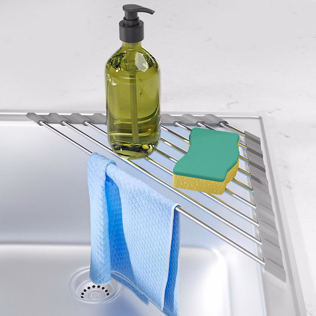 Rangement de cuisine – Égouttoir Triangulaire Enroulable Compact et Pliable en Acier Inoxydable