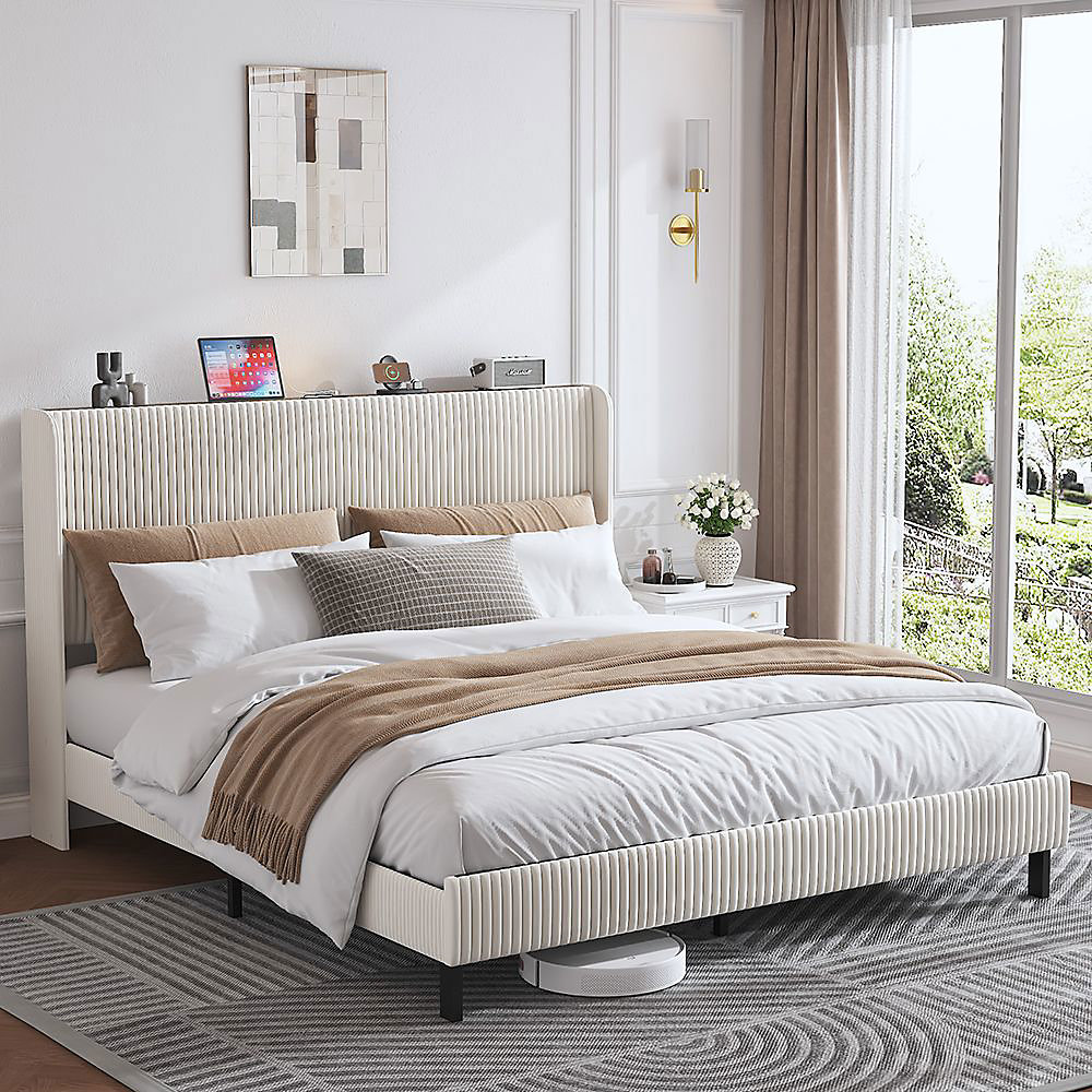 Cadre lit plateforme 180 × 200 cm – tête tissu, bords arrondis antidérapants, lattes métal